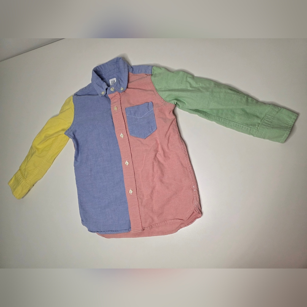 GAP Kids Boys XS (4-5) Oxford Color Block Long Sleeve Button Up Top